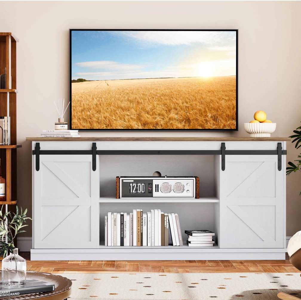 homall tv stand for 65 inch tv, storage cabinet with sliding barn door, entertainment center, white