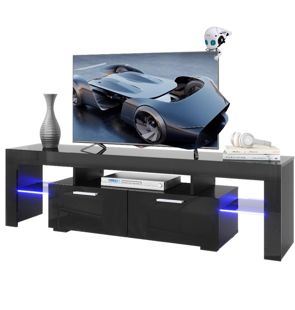 paproos tv stand for tvs up to 70", high gloss tv cabinet with led light, modern tv console table with storage drawers, media television stand entertainment center, black