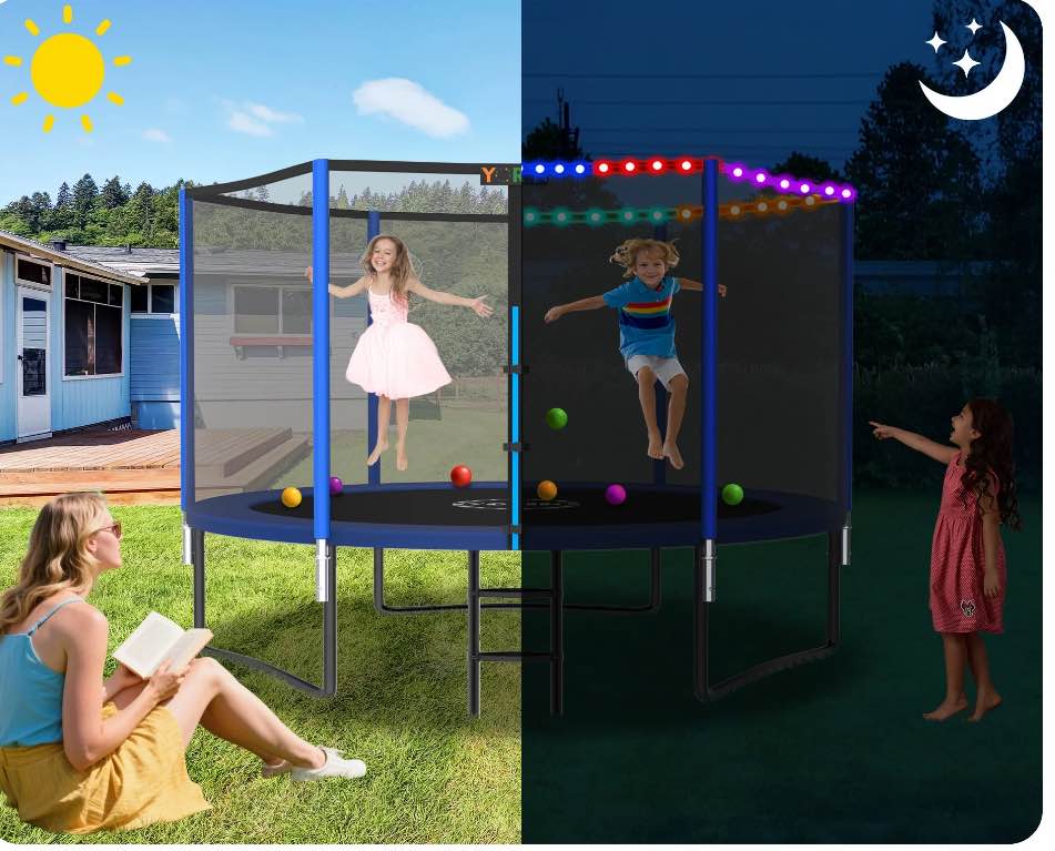 yorin trampoline for 2-3 kids, 8ft 10ft 14ft 12ft trampoline for adults with enclosure net, ladder, light, 800lbs weight capacity outdoor round recreational trampoline, heavy duty trampoline