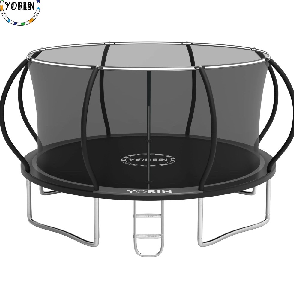 yorin trampoline, 12ft  trampoline with enclosure net, 1200lbs trampoline for 4-5 kids adults, outdoor trampoline with ladder, anti-rust backyard heavy duty pumpkin round trampoline