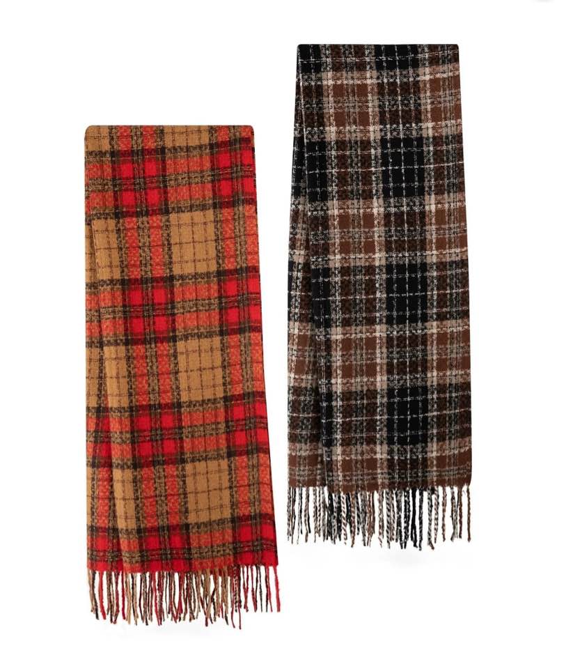 eallco 2 pack winter scarves for women, cozy thick fuzzy oversized scarfs for cold weather, classic soft warm plaid blanket scarves