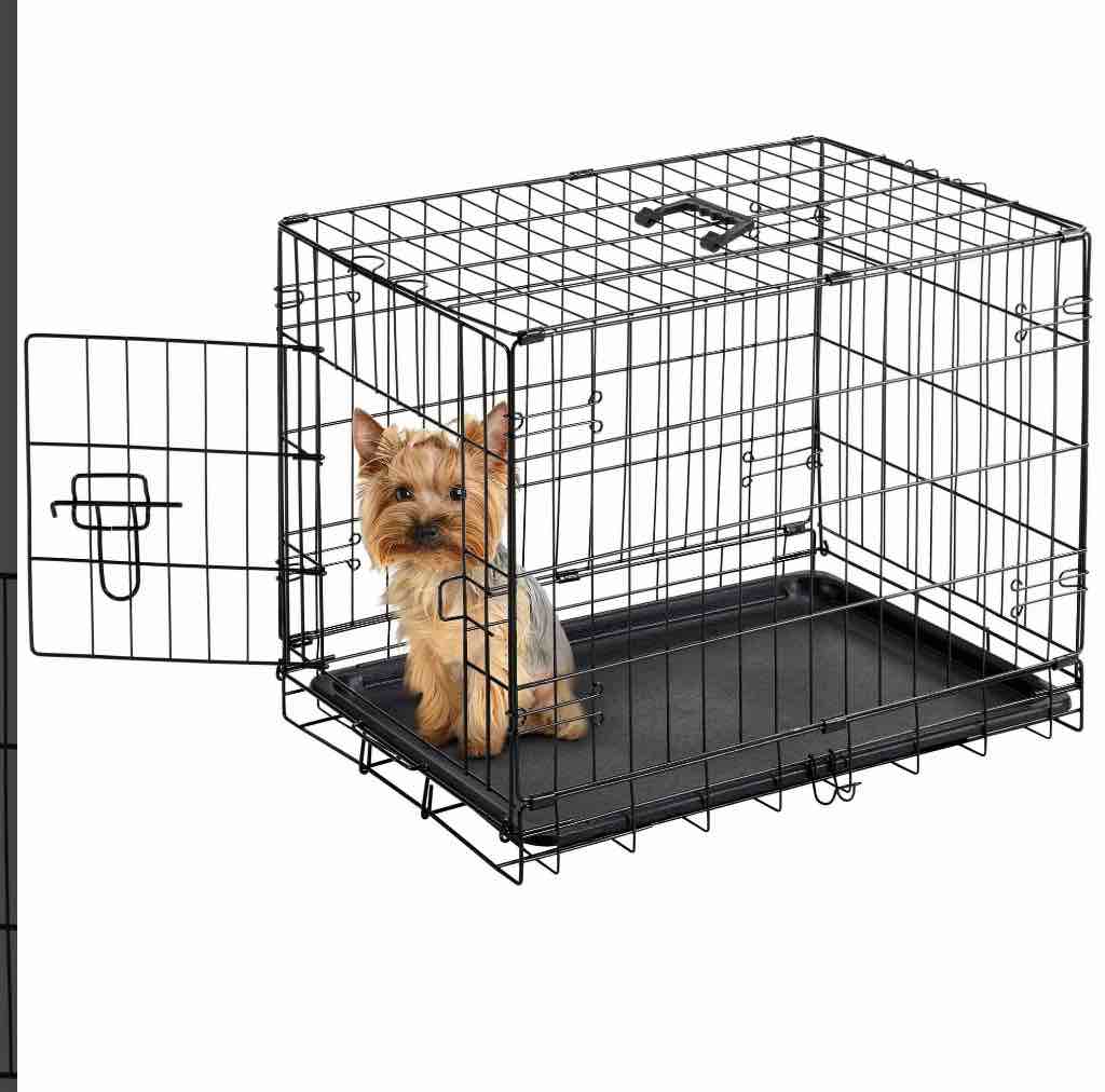 edx small dog crate, 24" single door folding metal wire dog cage with plastic leak-proof pan tray