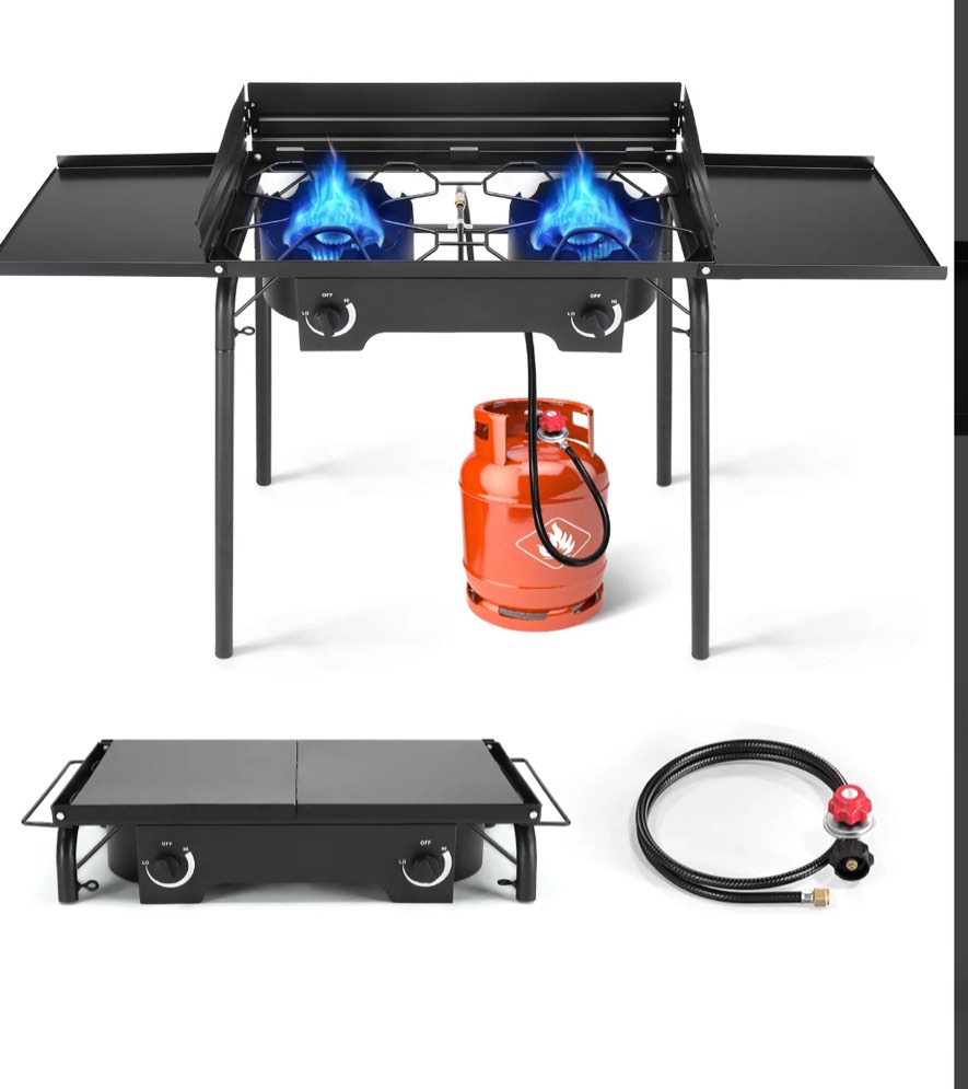 ktaxon 2 burner 150000 btu cooker w/ side shelves,removable legs,wind panels,regulator outdoor camping picnic stove stand