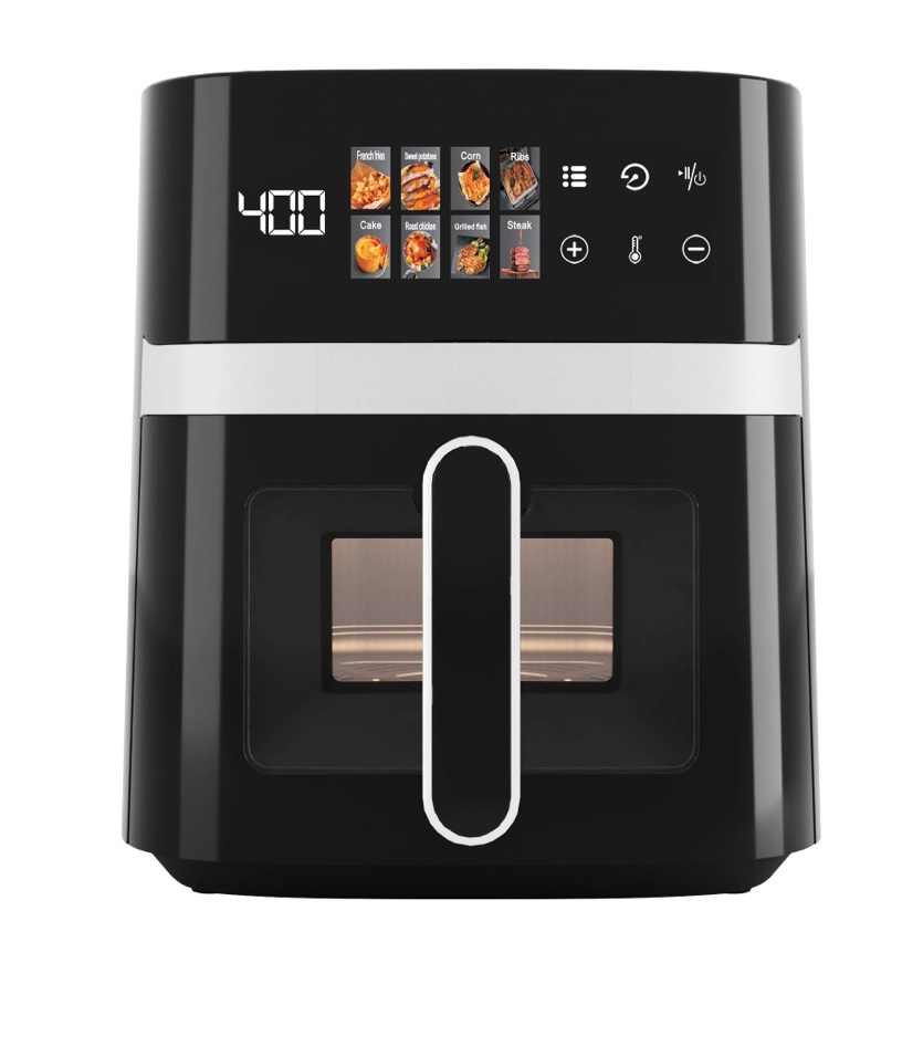 bluebow 6qt air fryer, 8-in-1 electric hot oven with digital led touchscreen, visible window, 1500w, new, black