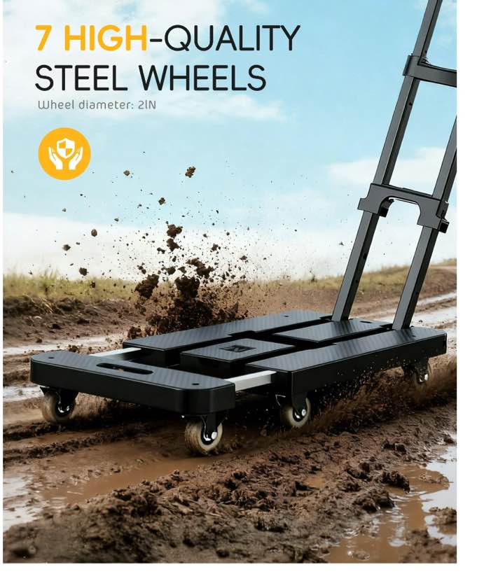 m buder folding hand truck, 500 lbs heavy duty dolly cart, utility platform cart with 6 wheels for travel, house, office, shopping, moving use - black folded size is 11.8 x 17.7”