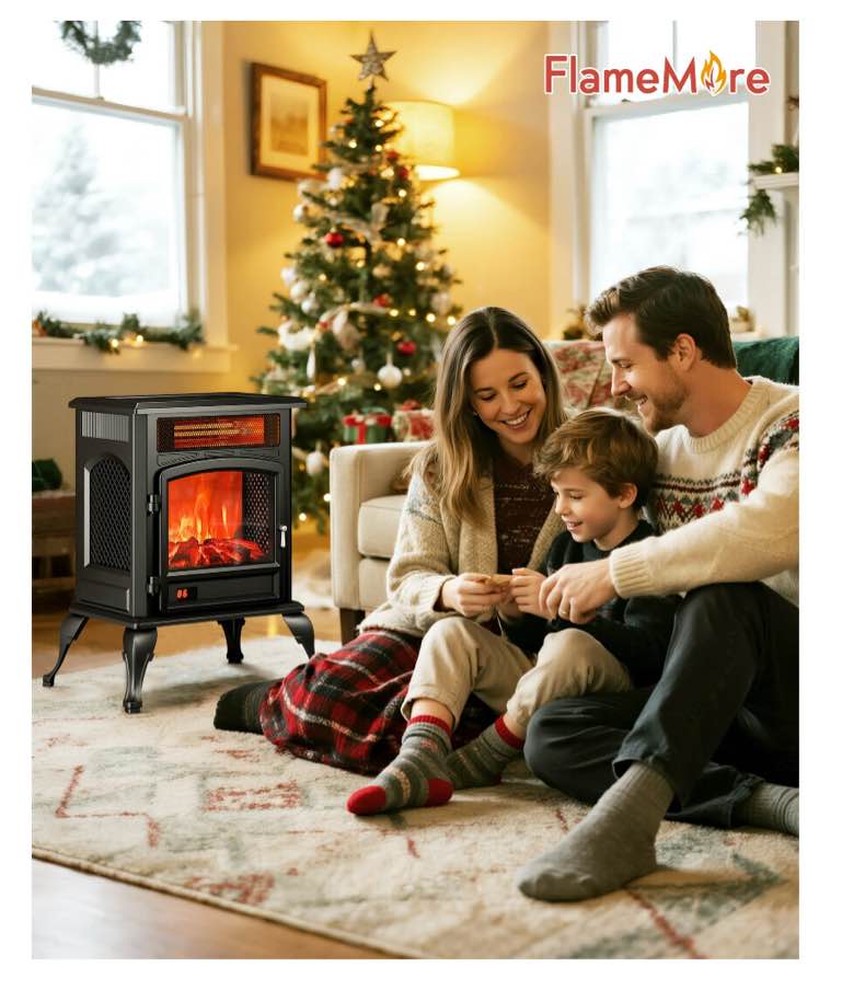 flamemore electric fireplace heater, 22" freestanding fireplace stove with brightness adjustable 3d flame, 750w/1500w infrared space heater for indoor use, digital display & remote