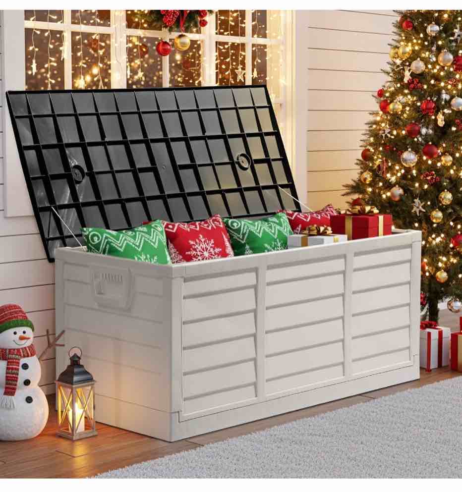 ktaxon 75gal outdoor storage deck box collapsible garden resin deck box pre-installed,space saving & easy set up - white