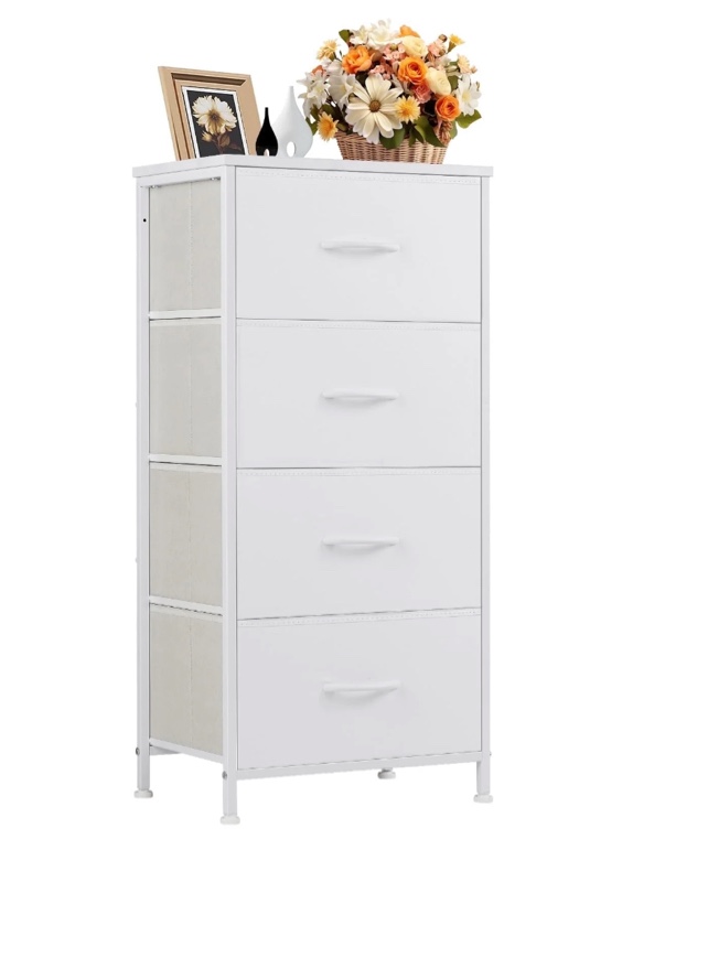 concetta 4 drawer dresser, wide chest drawers nightstand storage tower storage fabric dresser with wood top for living room, bedroom, closet, white