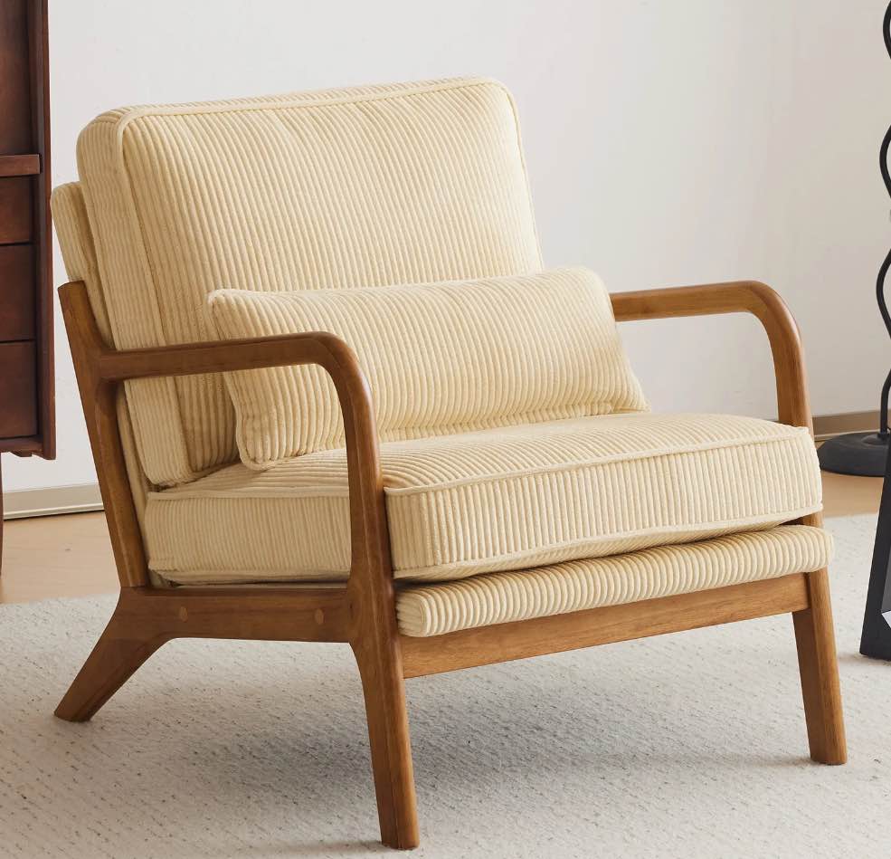 Ktaxon Accent Chair Corduroy Upholstered Armchair, Reading Club Chair with Pillow and Solid Wood Frame for Living Room Bedroom Furniture Beige