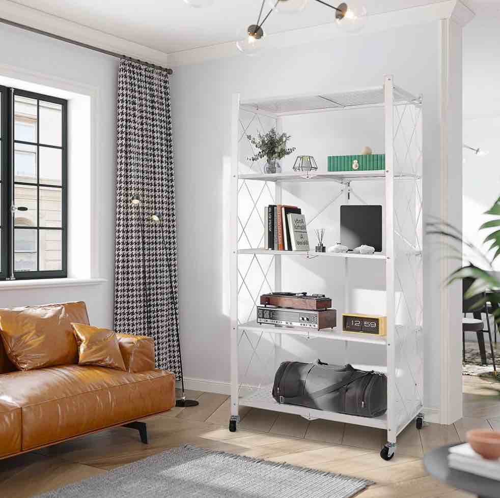 COOKCOK 5-Tier Storage Shelving Unit  Metal Shelf 27.9 x13.4 x62.5  Foldable Storage Shelf with Wheels  Garage Shelf  Metal Storage Rack  Kitchen Shelf with 4 Hooks  No Assemble Require  White