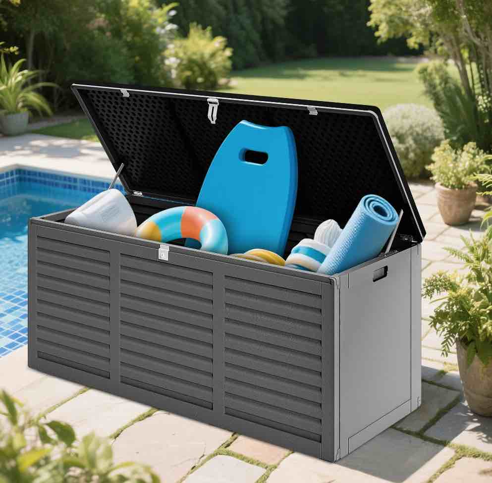 100 gallon resin deck box  outdoor lockable storage container for patio cushions  garden tools  pool supplies  toys  waterproof and uv resistant  dark gray