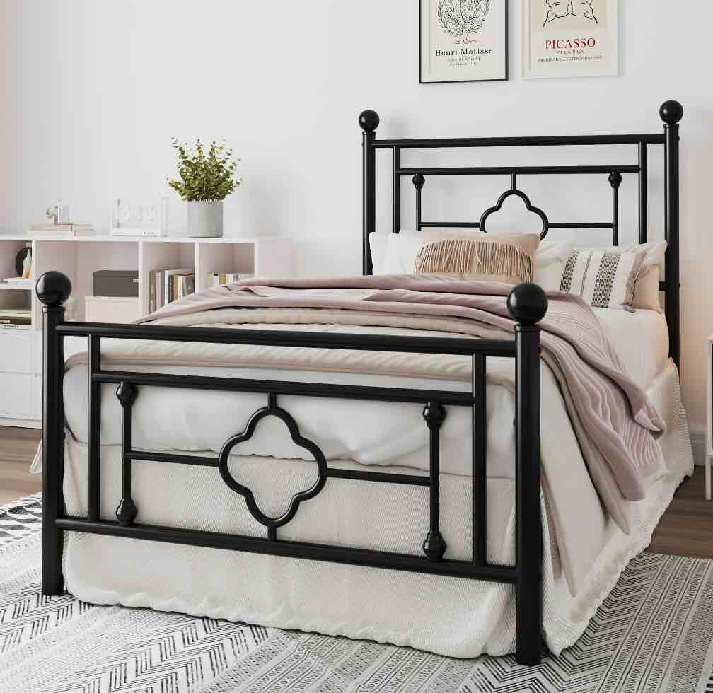 amolife twin size metal platform bed frame with vintage cross pattern headboard&footboard, black