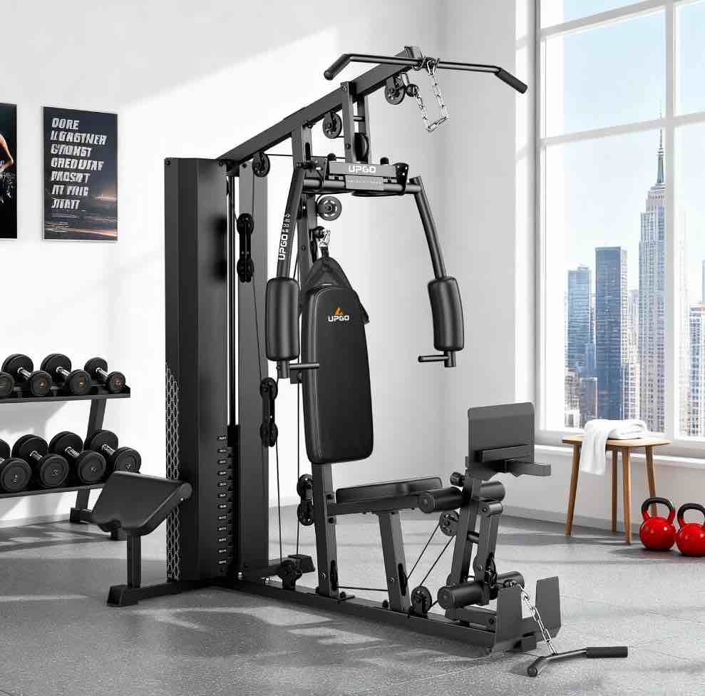 upgo home gym station, workout equipment with 154lbs weight stack, leg press and preacher curl pad