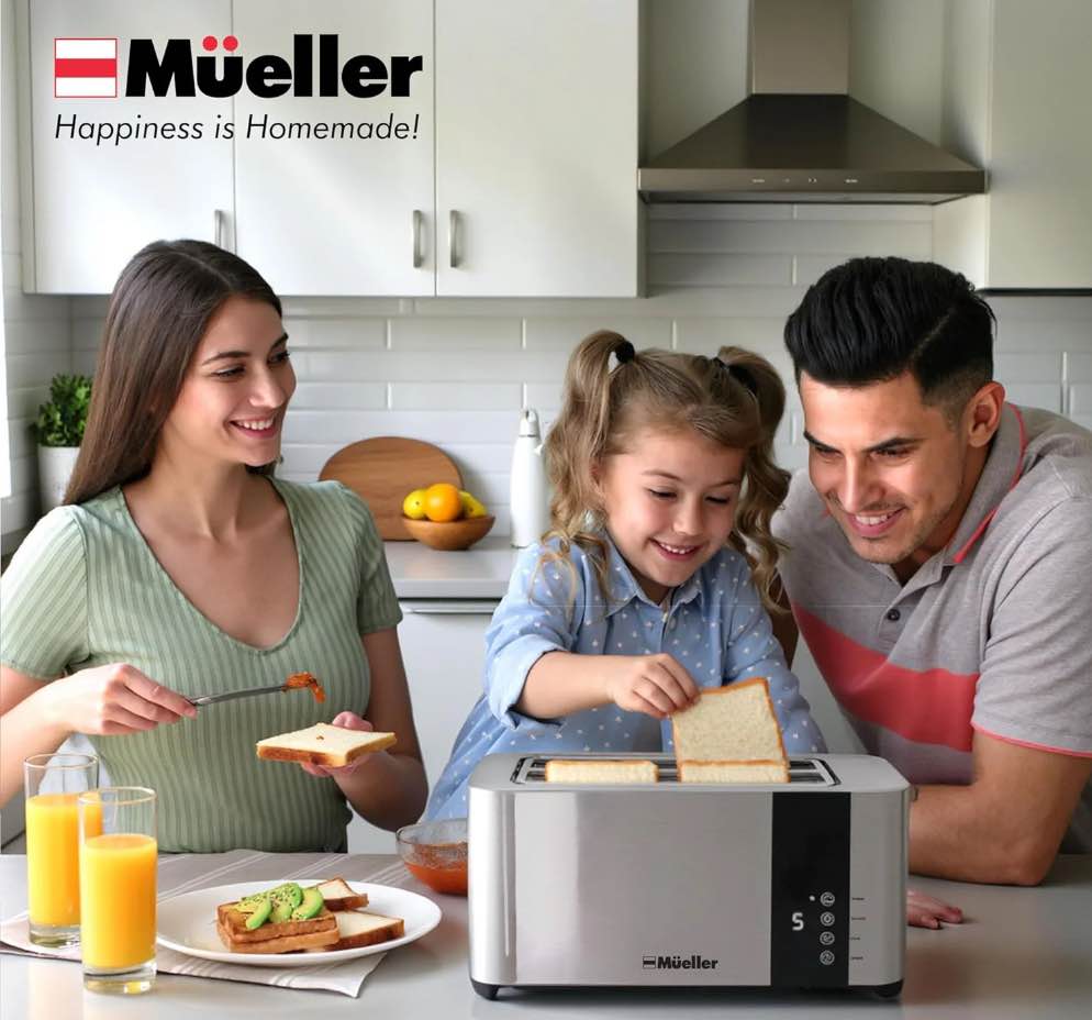 MÜELLERHOME UltraToast 4-Slice Toaster – Full Stainless Steel, Extra-Wide Slots for Bagels/Waffles, 6 Browning Levels, LED Display, Cancel/Defrost/Reheat, Removable Tray.