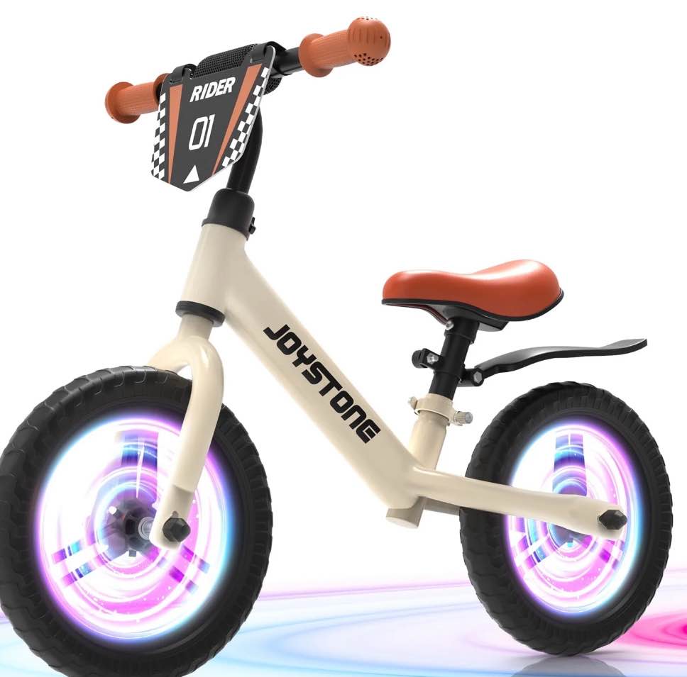JoyStone Colorful Lighting 12 Inch Toddler Balance Bike, Kids Training Balance Bike with Adjustable Seat, Customize Plate, Flat-Free Tires, No Pedals Bike Gift for Boys Girls, White
