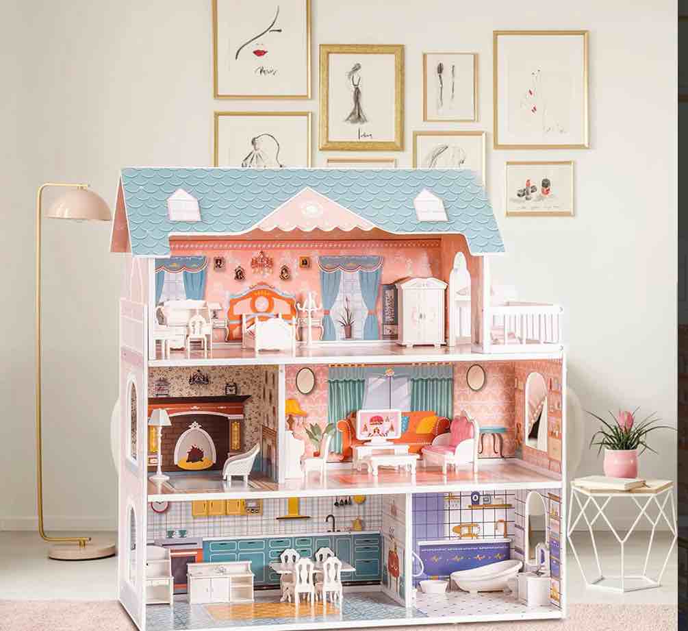Robud Lady Wooden Dollhouse,3 Story with Balcony,28 Accessories Toy Gift for 3+Years Kid Girls