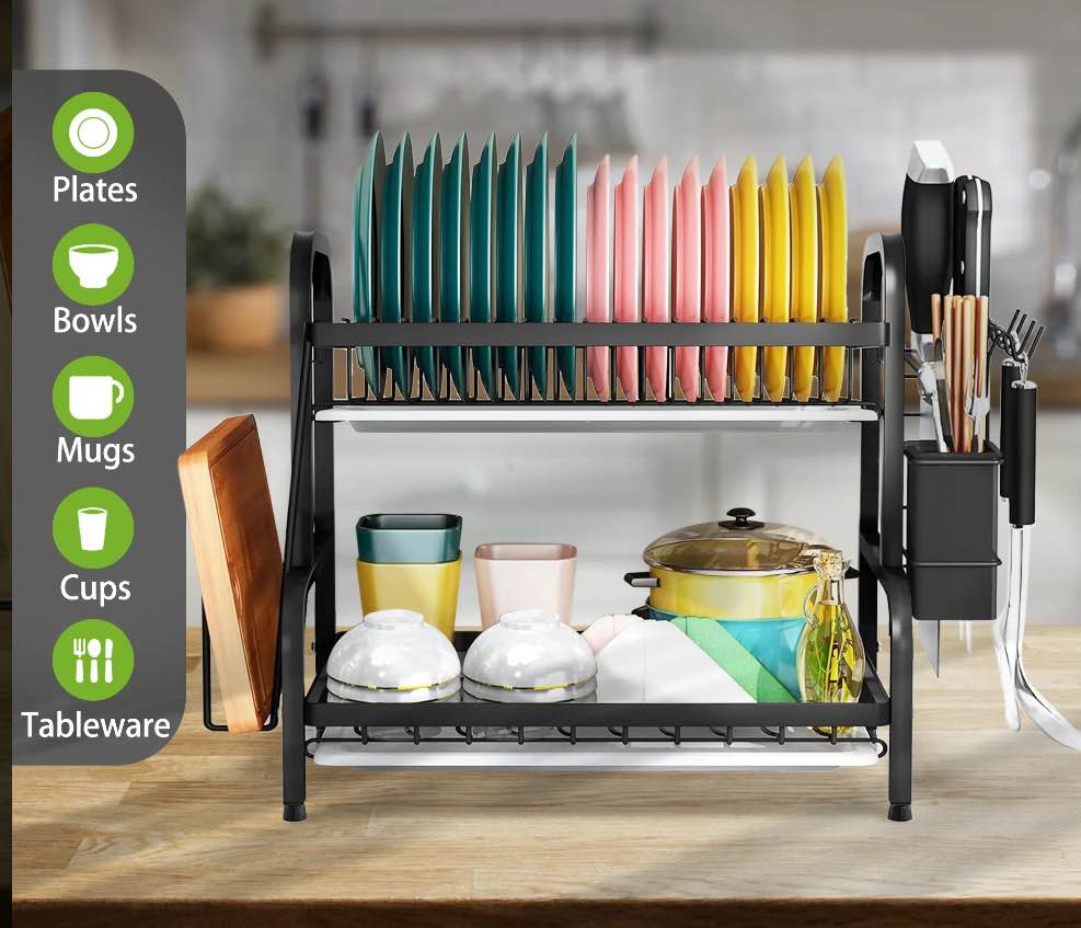 Riousery 2-Tier Dish Rack for Kitchen Counter with 2 Drain Boards, Utensil Holder and Cutting Board Storage, Space Saving design