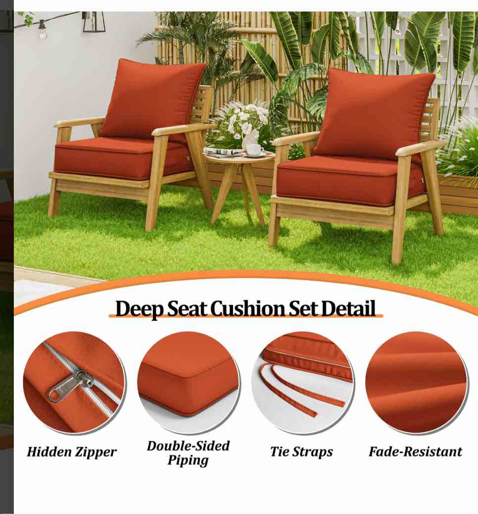 Pakunoda Outdoor Deep Seat Cushion Set for Patio Furniture, Waterproof & Fade Resistant, 24" L X 24" W X 5" H, Orange