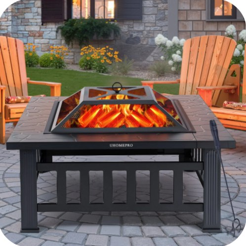 Fire Pits for Outside, 32" Wood Burning Fire Pit Tables with Screen Lid, Poker, BBQ Net, Ice Tray, Food Clip and Cover, Backyard Patio Garden Outdoor Fire Pit/Ice Pit/BBQ Fire Pit, Black