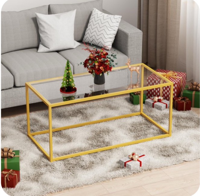 Tempered Glass Coffee Table - Minimalist Center Table for Living Room, Office - Modern Top With Sturdy Metal Frame & Open Storage - Easy Assembly, Gold