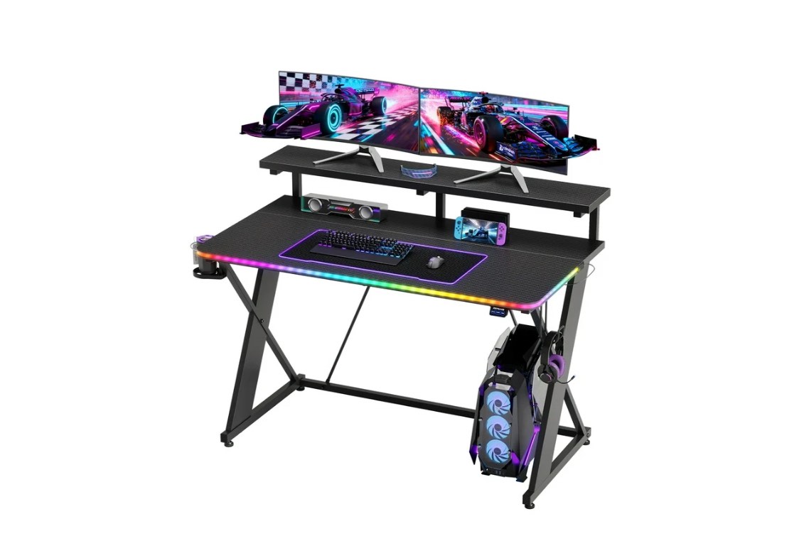 RSPGAME 43" Music Sync LED Gaming Desk,X-Shape Ergonomic Monitor Stand Gamer Table,PC Desk with Dynamic Lighting,Color Changing Office Desks,Black Racing
