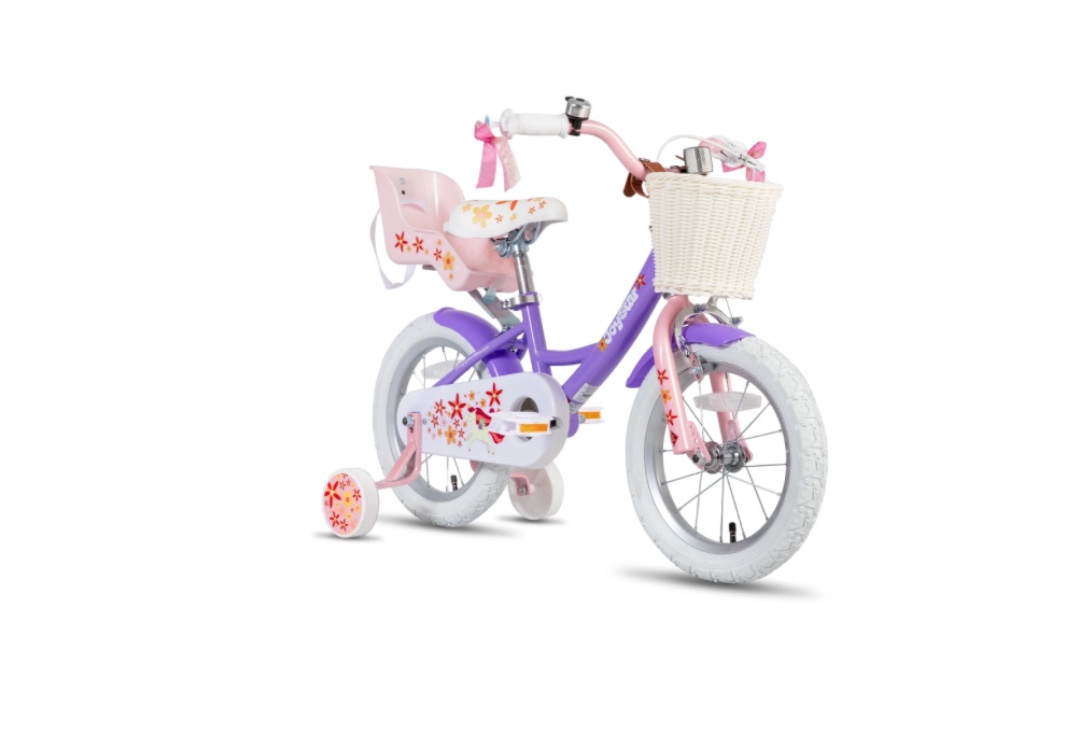 joystar unicorn 12 inch kids bike for 2-4 year old girls with training wheels, princess design, basket, doll seat, streamers
