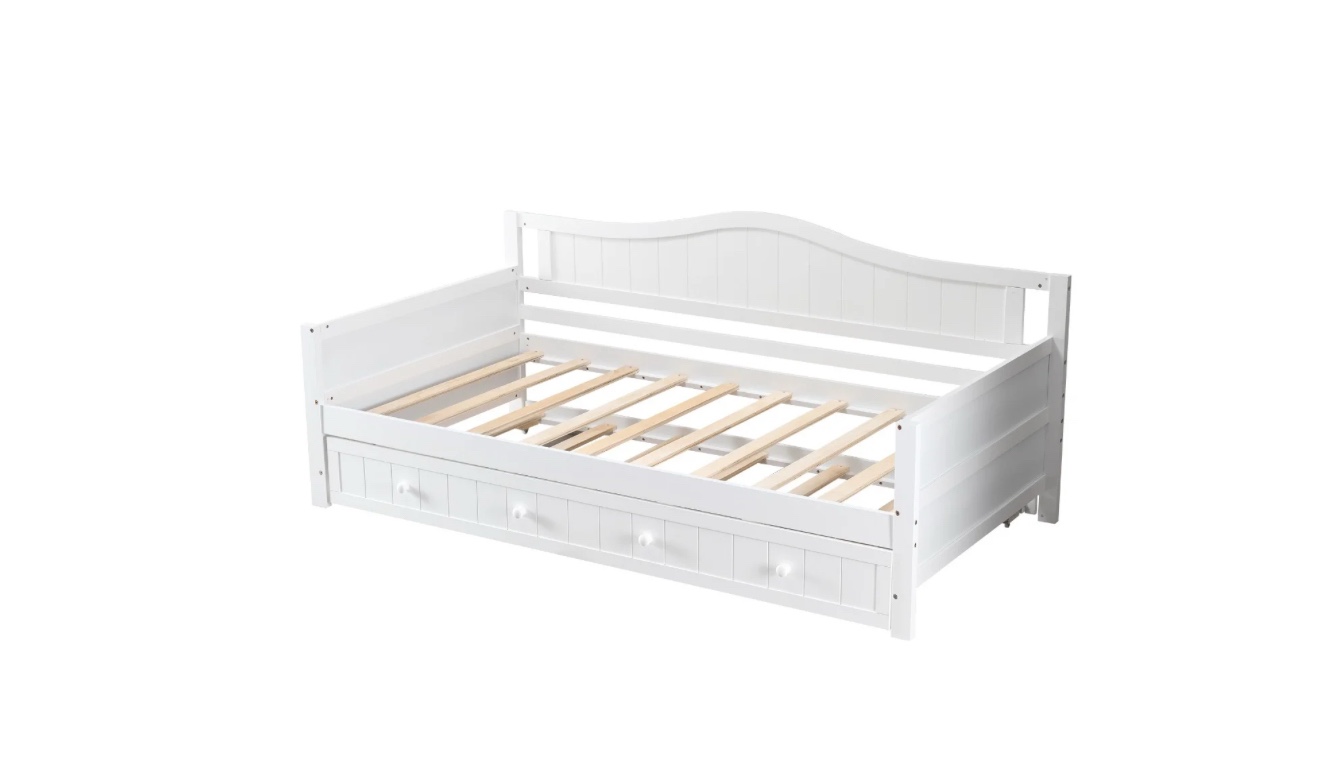 edx twin daybed with trundle, solid wood day bed with slats support, integrated headboard & armrests, modern trundle bed for living room, bedroom, guest room, no box spring needed, white