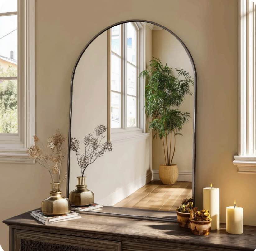 concetta 24"x36" bathroom mirror, decor arched wall mirror, bedroom vanity mirror with metal frame, black