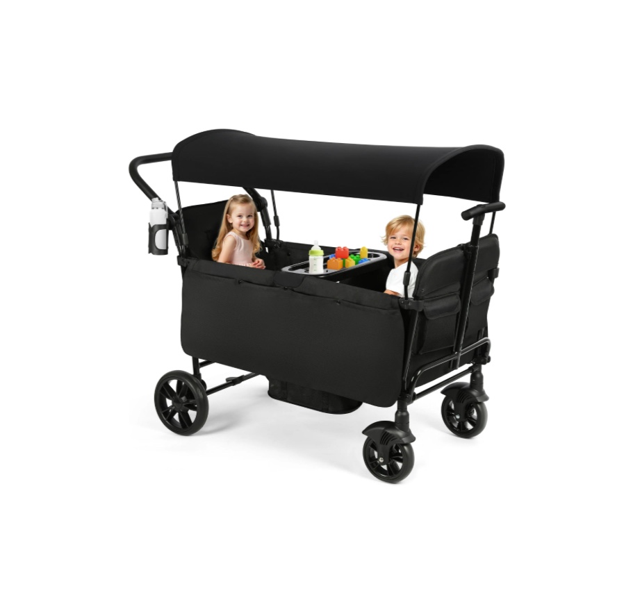vomeast wagon stroller for kids, spacious 2-seater stroller wagon with adjustable canopy, pull & push handle, 5-point harness, foldable for toddlers, black