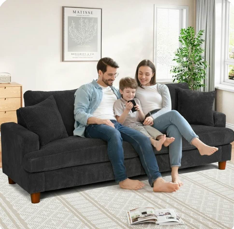 87" corduroy sofa,3 seater sofa with extra deep seats,neche comfy upholstered couch for living room,2 pillows,black. ((( 2 boxes )))