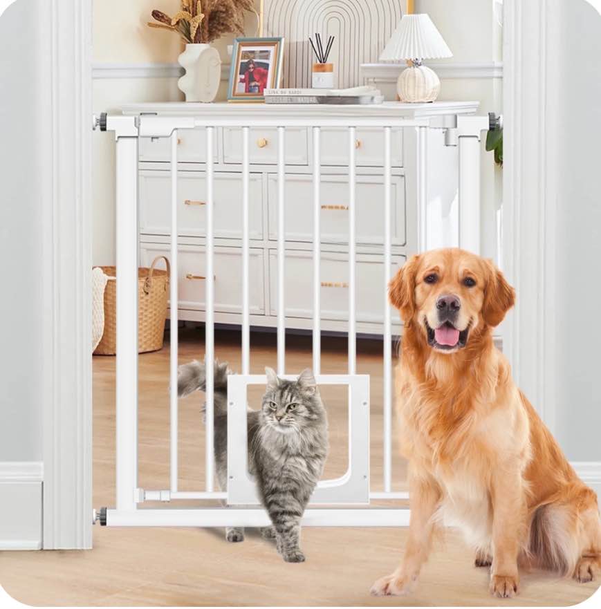 extra wide dog gate,29.5"-40.6" with pet door, metal dog gate for stairs & doorways,pressure mount gate for ages 6 to 36 months