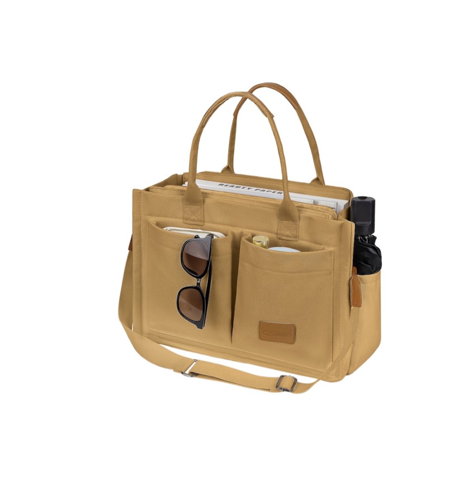 Cshidworld Canvas Tote Bag with Multi-Pocket for Women, Shoulder Handbag Everything Tote Bag with Compartments, Laptop Work Bags Shoulder Messenger Gym Bag for Travel Nurse College Gift, Brown