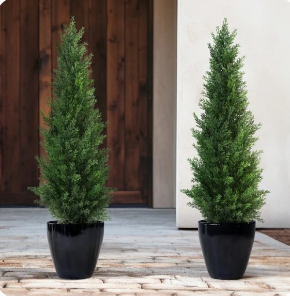 Artificial Cedar Tree 2 Pack 3 ft Outdoor Artificial Topiary Cedar Plants Fake Tree UV Rated Potted Plants for Porch Decor Faux Pine Tree for Perfect Housewarming Gift