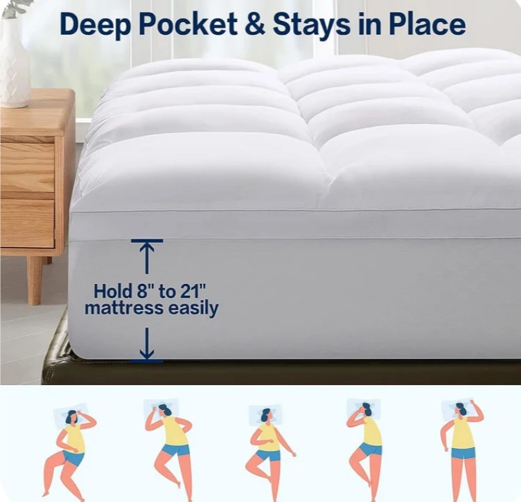 emonia 100% 400tc mattress topper queen for back pain, 900gsm mattress pad pillow top, quilted fitted mattress protector cover with 8-21" deep elastic pocket, soft comfort breathable (white, queen)