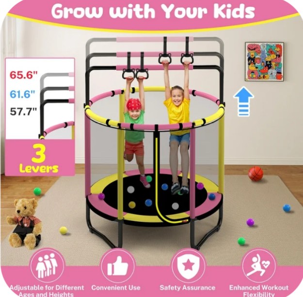 mini trampoline for kids with basketball hoop, segmart 55'' indoor outdoor toddler trampoline with enclosure net, swing, sandbag, ring, ocean balls, round small trampoline gift for boys girls, pink