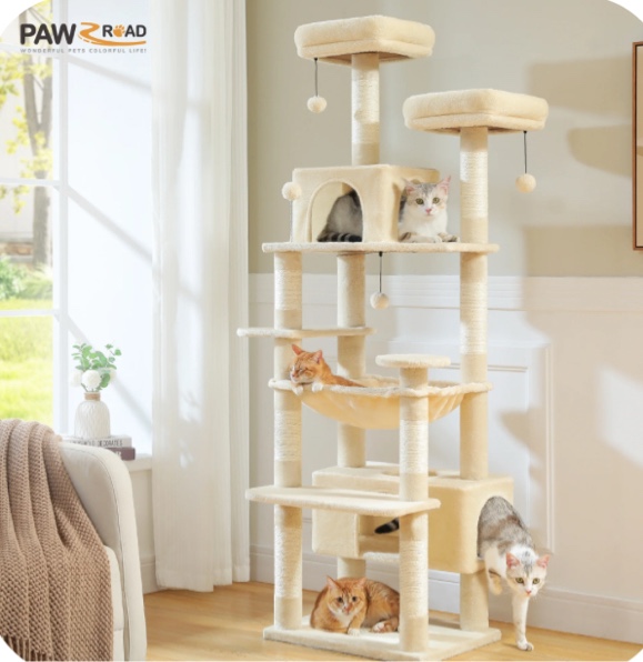 pawz road 73"cat tree for large cats multi level play tower condo 7 sisal cat scratching posts,beige