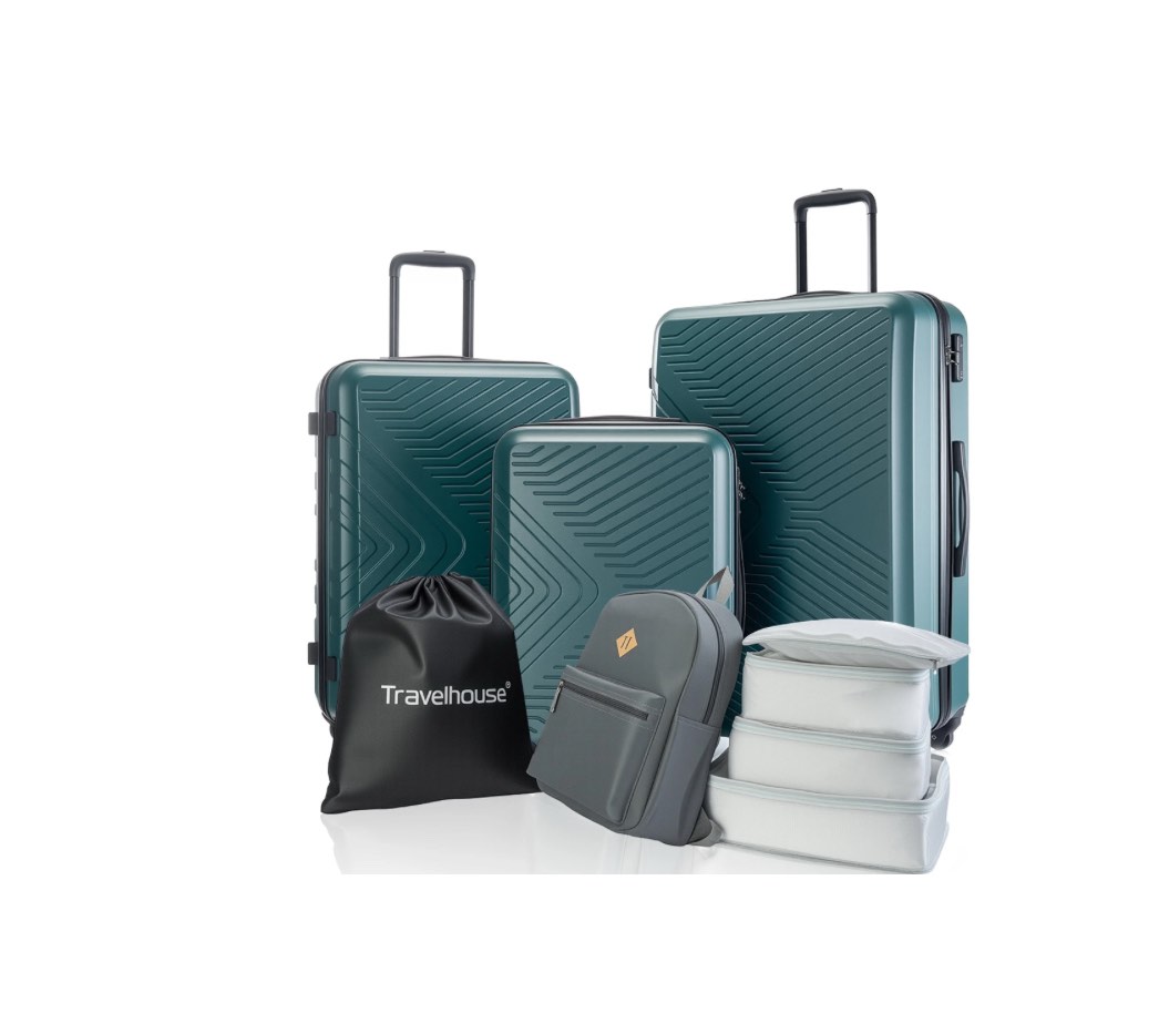 Travelhouse 3 Piece Hardside Luggage Set Hardshell Lightweight TSA Lock Spinner Wheels Suitcase with Backpack and 5 Packing Cubes.Dark Green