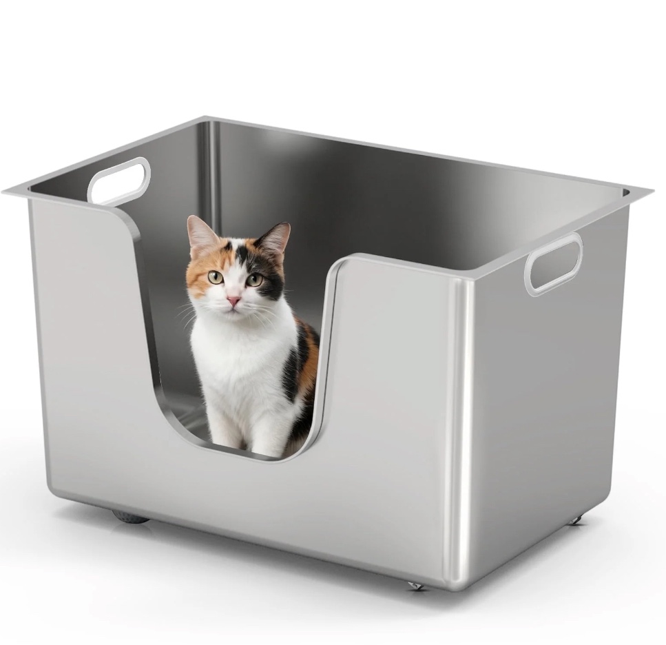 ptlom stainless steel litter box with 13.7'' high sides anti-splashing seamless metal litter box extra large low entry litter pan for big cats