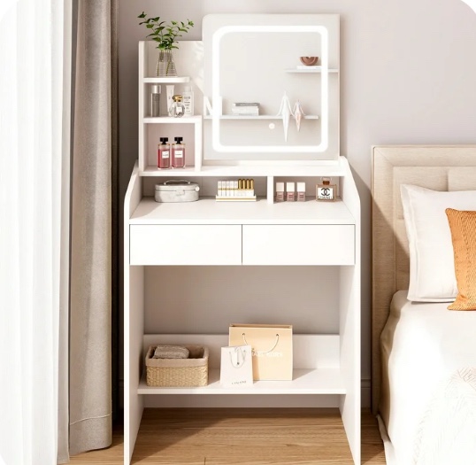 livelyglow vanity desk set with square mirror and light- small vanity table with drawers- white