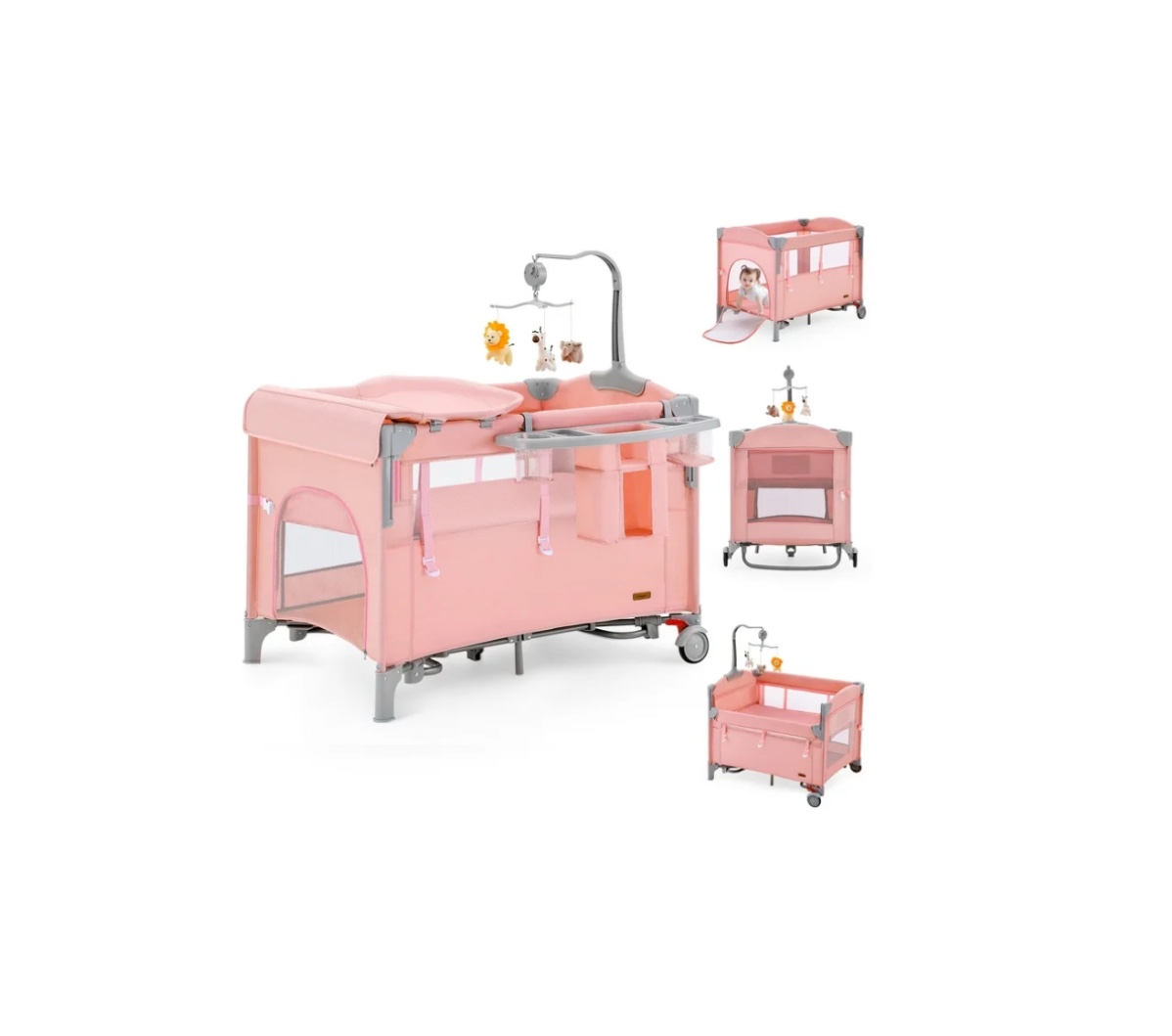 harppa 5 in 1 baby playard with bassinet & changing table for newborn, pink