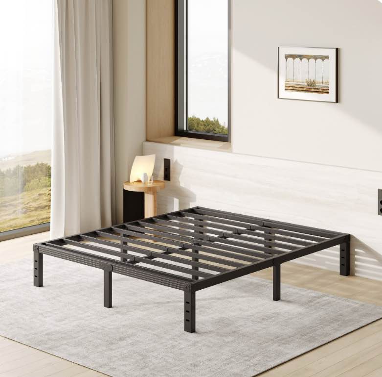 fschos 12 inch queen size bed frame, heavy duty metal platform, no box spring needed, easy assembly, black