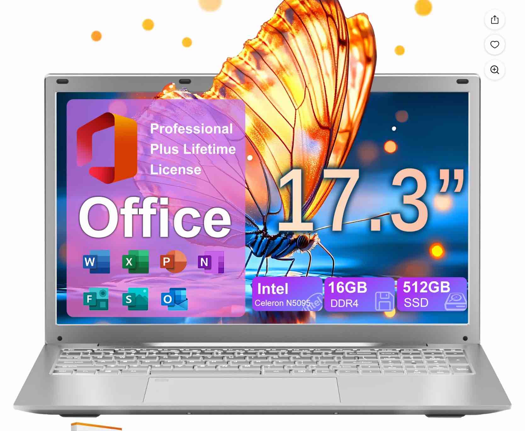 SANPTENT 17.3" Laptop Intel Celeron N5095, 16GB RAM, 512GB SSD, Backlit Keyboard, Fingerprint, Win 11 Pro with Microsoft Office