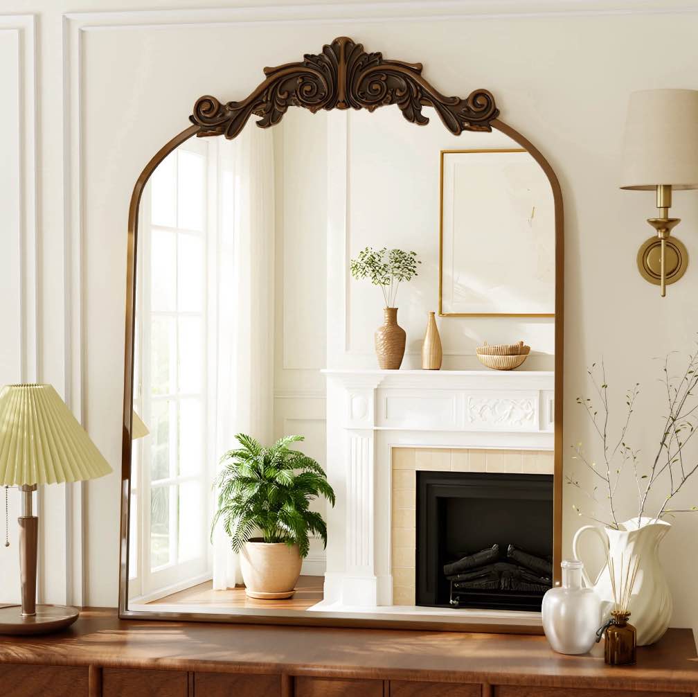 BEAUTYPEAK 42"x 30" Vanity Wall Mirror Decorative Vintage Arch Bathroom Mirror,Bronze