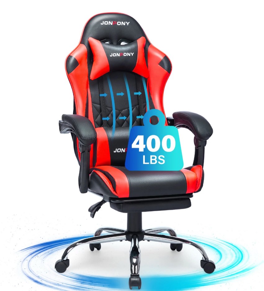 JONPONY Big and Tall 400LBS Gaming Chair, Ergonomic Design, Gamer Chair PU Leather with Footrest and Lumbar Support, High Back Office Chair Support 8 Hours Long Sitting, Computer Chair,Red