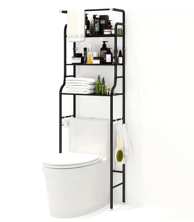 SUSUZI Over The Toilet Storage Shelf 3-Tier Bathroom Organizer Rack Metal Bath Shelves Space Saver Freestanding Above Toilet Stand for Bathroom Laundry, Black
