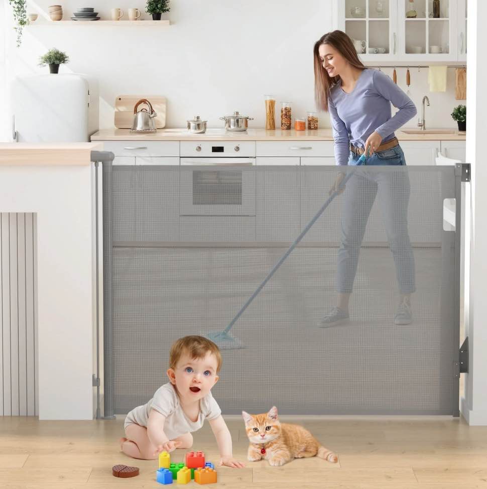 Vomeast Retractable Gates,Extends up to 55in Wide,37.4in Tall Baby Safety Gates Dog Gate for Doorways Stairs(Grey)