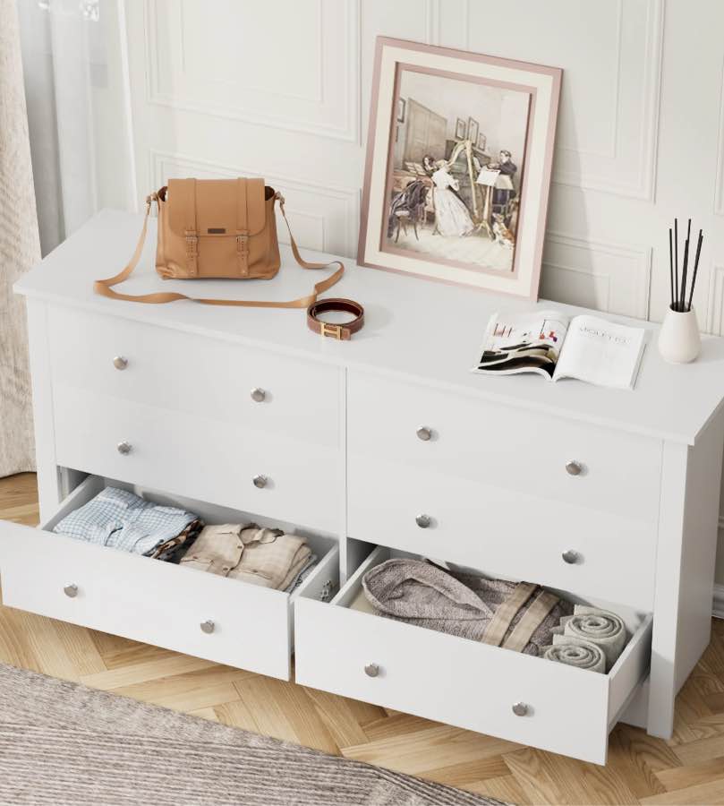 Homall 6 Drawer Wood Dresser Furniture, Double Tier Storage Cabinet for Bedroom & Living Room,White Finish