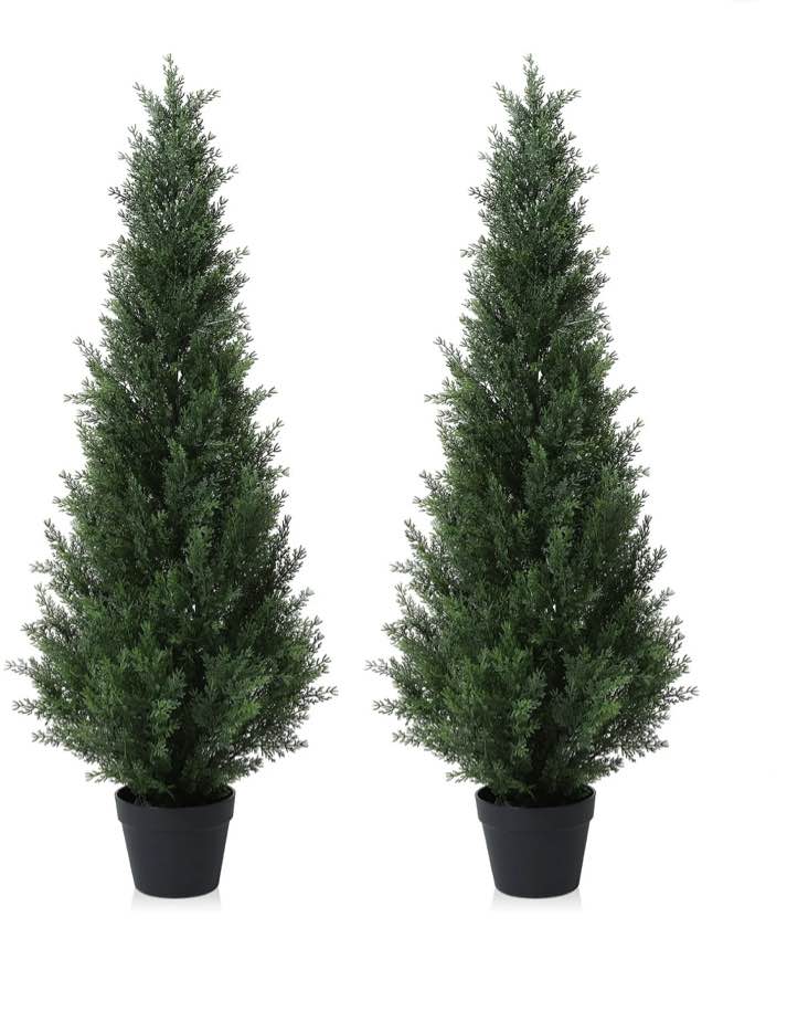 Artificial Cedar Tree 2 Pack 4 ft Outdoor Artificial Topiary Cedar Plants Fake Tree UV Rated Potted Tree for Perfect Housewarming Gift, Set of 2