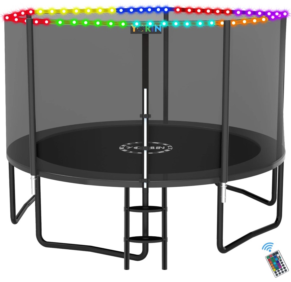 yorin trampoline for 6-7 kids, 14ft 12ft 10ft 8ft trampoline for adults with enclosure net, ladder, 1400lbs weight capacity outdoor round recreational trampoline, heavy duty upgrade trampoline