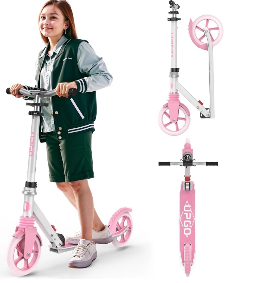 upgo kick scooter for ages 6+, kids, teens & adults, 240 lb max load, foldable, 8-inch wheels, pink